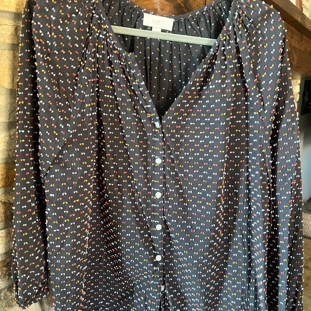 LOFT Women's Black Blouse with Multicolor Dots